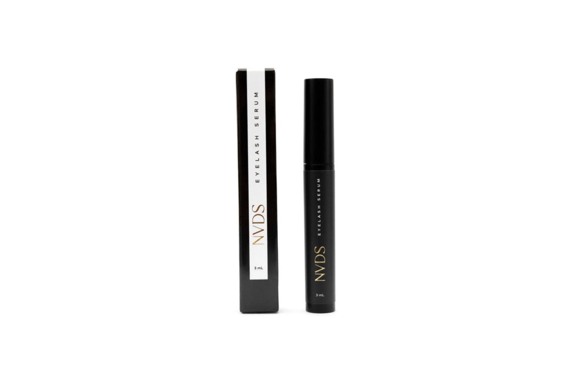 Bottle of NVDS Lash Growth Serum with a sleek design and a black cap.